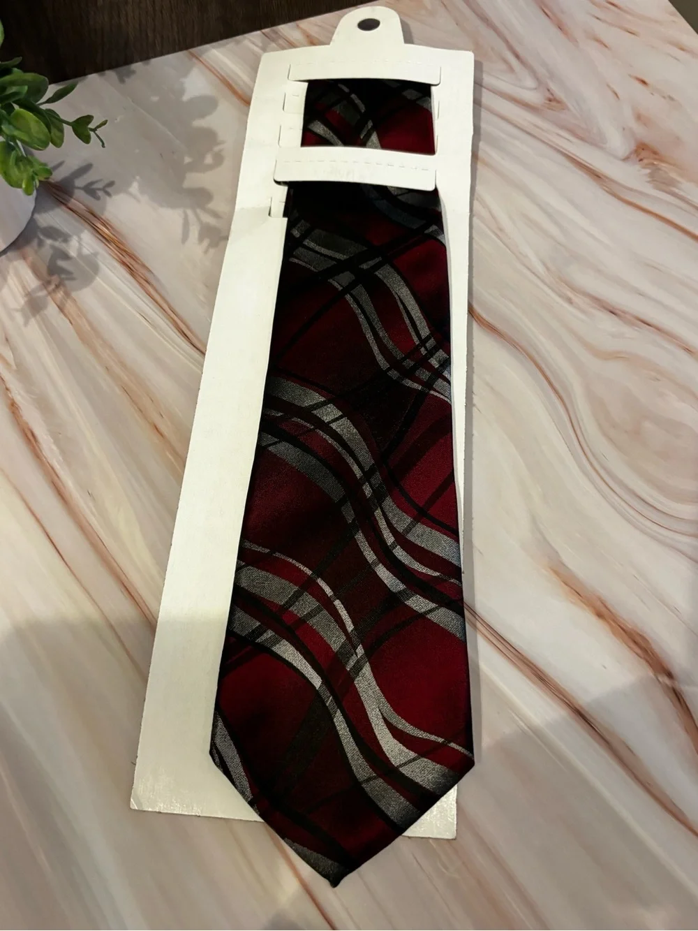 Pierre Cardin Maroon Tie with Silver and Black Wave Pattern